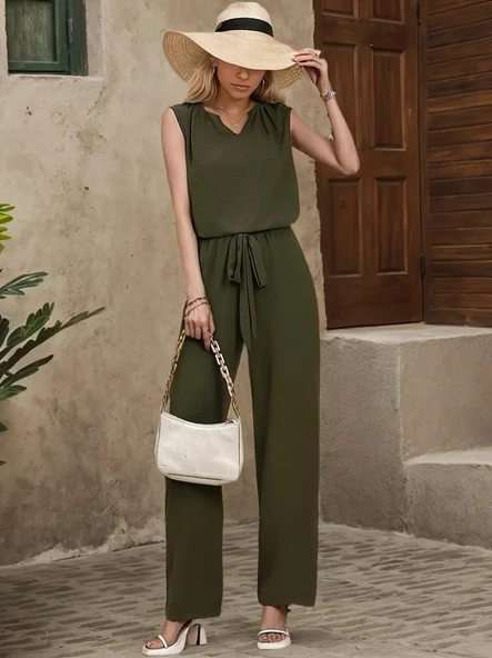 Kadın Kolsuz V Yakalı Aerobin Bluz Ve Belden Kuşaklı Pantolon Ikili Takım - Resim 3