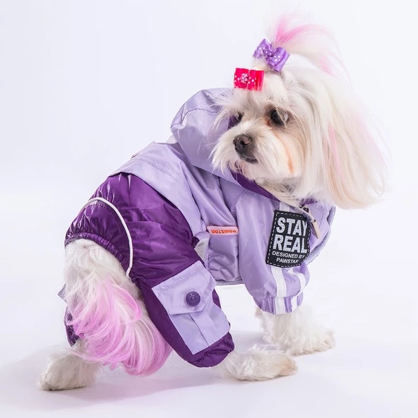 Pawstar BiColor Lila-Mor Polarlı Su Geçirmez Küçük Irk Köpek Yağmurluk Tulum - Resim 2