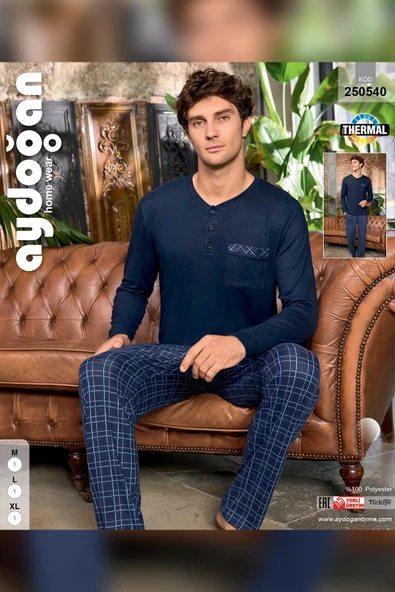 Aydoğan Erkek Aras Kışlık Termal Rahat Lacivert Pijama Takımı 0540 - Resim 3