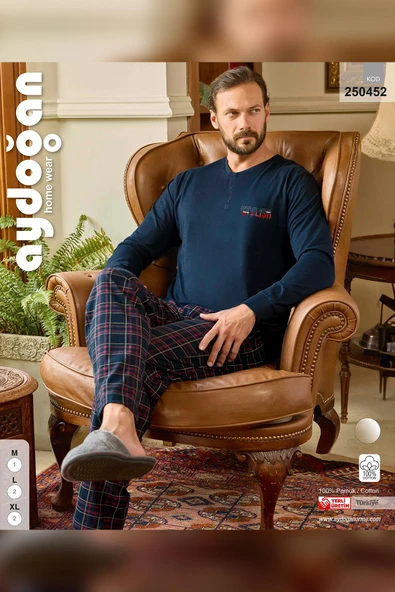 Aydoğan Erkek Tuna Koton Patlı Düğmeli Lacivert Pijama Takımı 0452 - 2