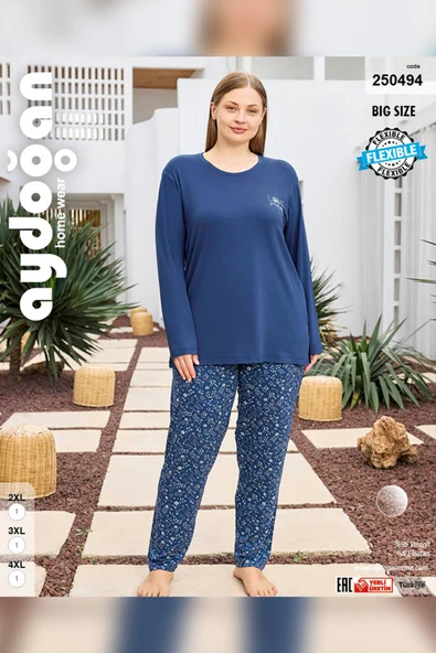 Aydoğan Kadın inci Büyük Beden İndigo Mavi Pijama Takımı 0494 - 3