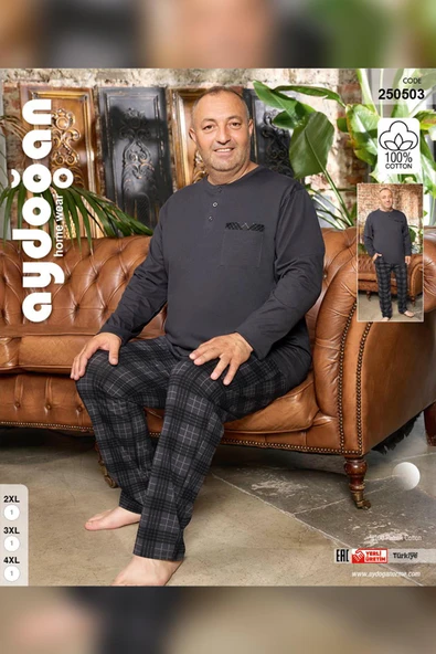 Aydoğan Erkek Dinç Büyük Beden Koton Füme Pijama Takımı 0503 - 3