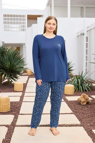Aydoğan Kadın inci Büyük Beden İndigo Mavi Pijama Takımı 0494 - 1