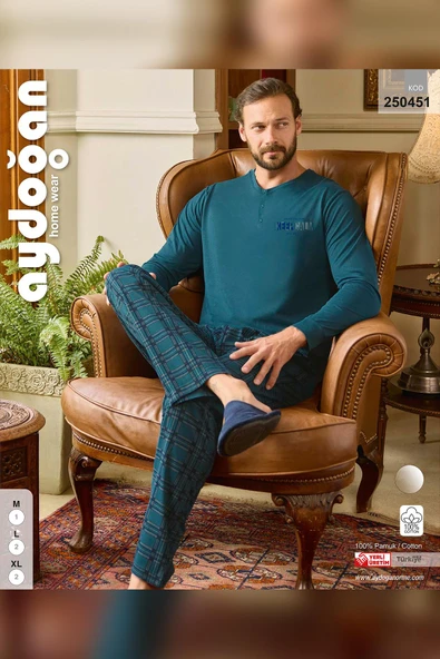 Aydoğan Erkek Tuna Koton Patlı Düğmeli Viridian Pijama Takımı 0451 - 2