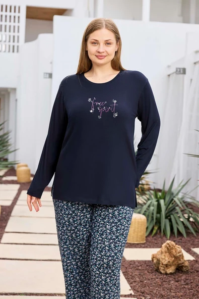 Aydoğan Kadın inci Büyük Beden Lacivert Pijama Takımı 0495 - 1