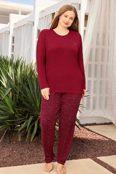 Aydoğan Kadın inci Büyük Beden Kiraz Kırmızı Pijama Takımı 0496 - 1