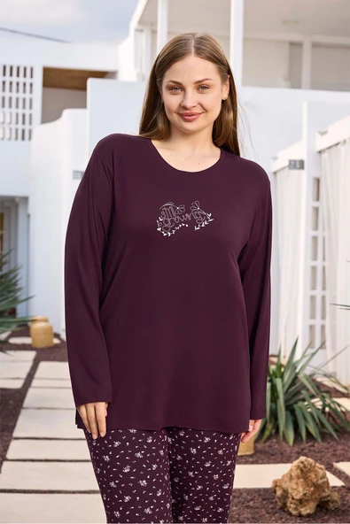 Aydoğan Kadın inci Büyük Beden Vişneçürüğü Pijama Takımı 0498 - 2