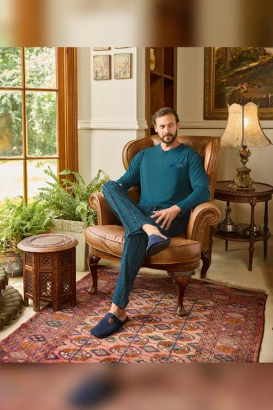 Aydoğan Erkek Tuna Koton Patlı Düğmeli Viridian Pijama Takımı 0451