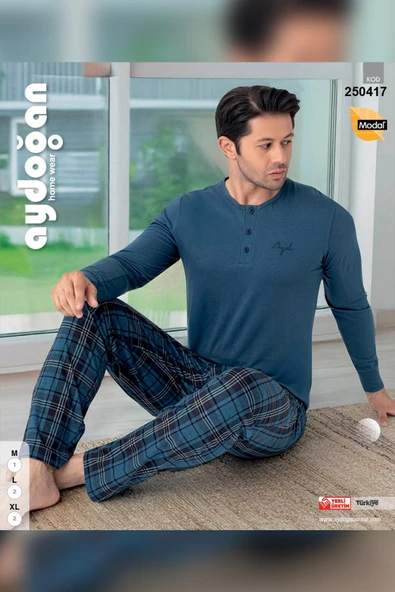 Aydoğan Erkek Civan Patlı Modal Çelik Mavisi Pijama Takımı 0417 - 2