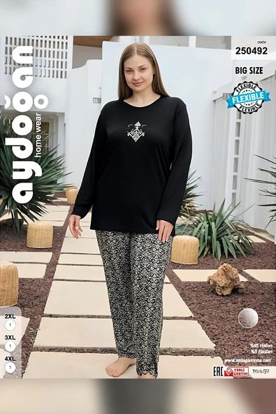 Aydoğan Kadın inci Büyük Beden She Is Me Siyah Pijama Takımı 0492 - Resim 3