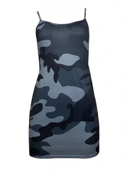 Kadın Ip Askılı Kamuflaj Baskılı Viskon Elbise - Resim 3