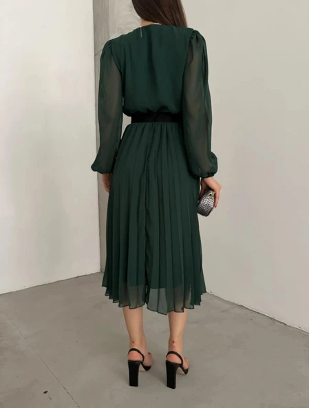 Kadın şifon Kumaş Astalı Kloş Kesim Kruvaze Yaka Midi Boy Elbise - Resim 3