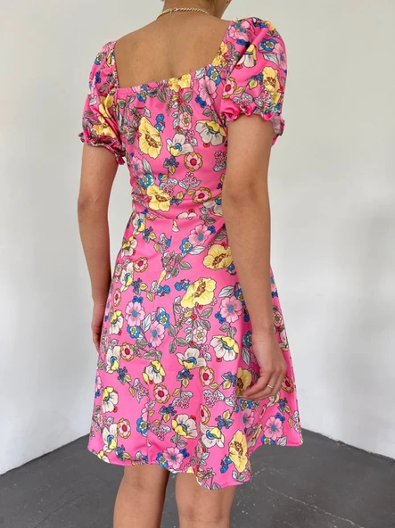 Yakası Lastikli Bağcık Detaylı Mini Elbise -Pembe - Resim 3