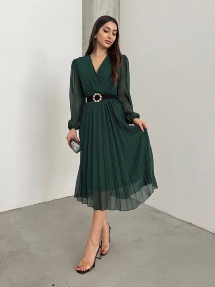 Kadın şifon Kumaş Astalı Kloş Kesim Kruvaze Yaka Midi Boy Elbise ürün görseli