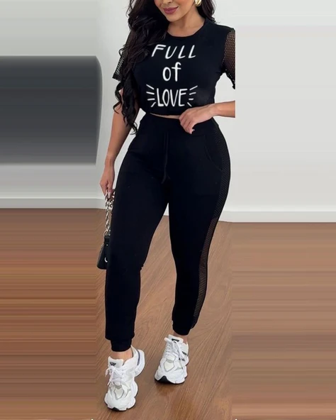 Kadın Kısa Kollu Bisiklet Yaka File Detaylı Viskon Iki Iplik Krop Ve Eşofman Altı Ikili Takım - Resim 3