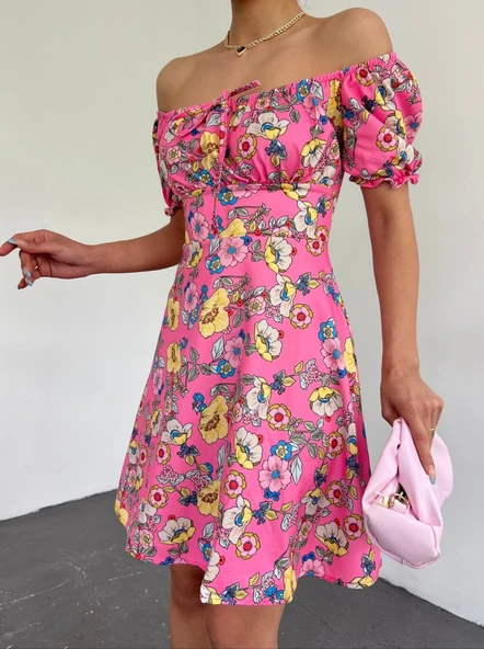 Yakası Lastikli Bağcık Detaylı Mini Elbise -Pembe ürün görseli