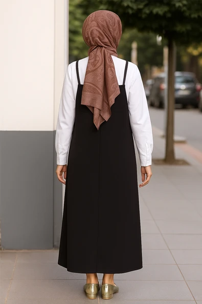 Kadın Siyah Basic Ayarlanabilir Askılı Jile Elbise - 2