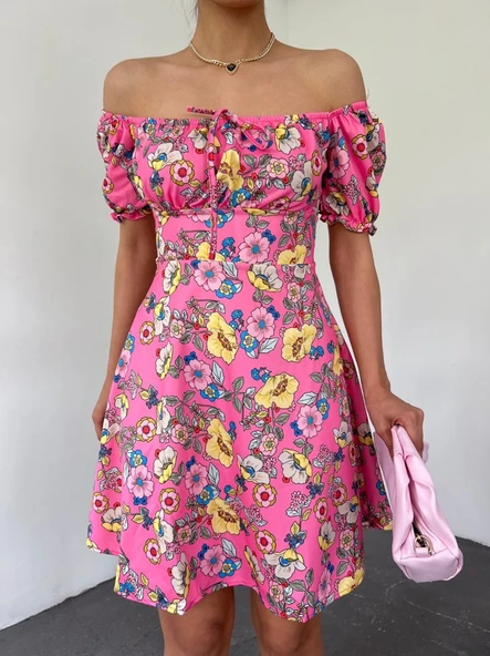 Yakası Lastikli Bağcık Detaylı Mini Elbise -Pembe - Resim 2