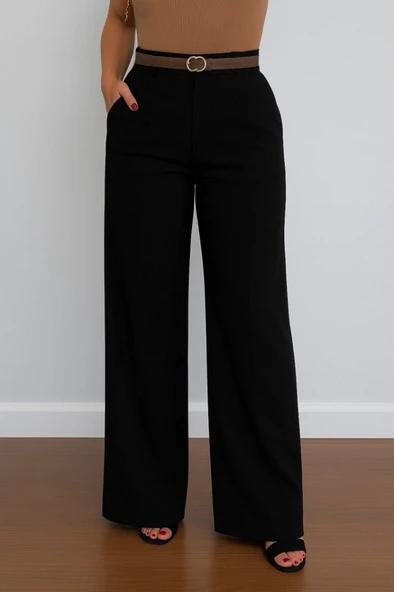 Kadın Yüksek Bel Geniş Paça Detaylı Cepli Ithal Krep Pantolon - Resim 3