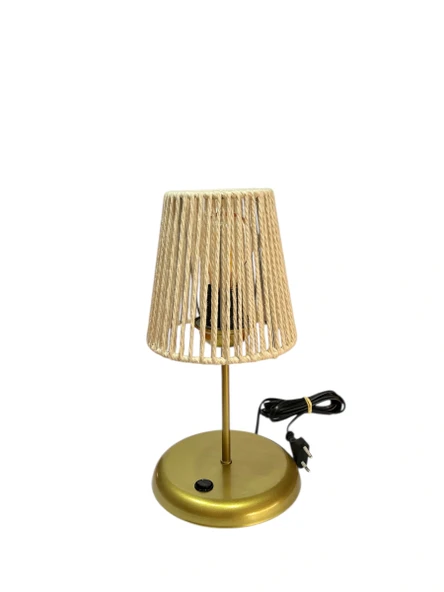 Lyris - Makrome Abajur, Mini Masa Lambası (Ekru Başlık, Gold Ayak) - Resim 3