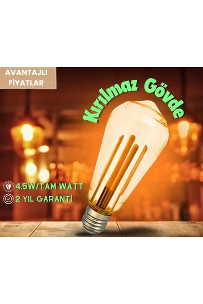 Armut Tasarım E27 Rustik Ampul Vintage Amber (4,5W - 500 Lümen)-(KIRILMAZ PLASTİK GÖVDE) - 6