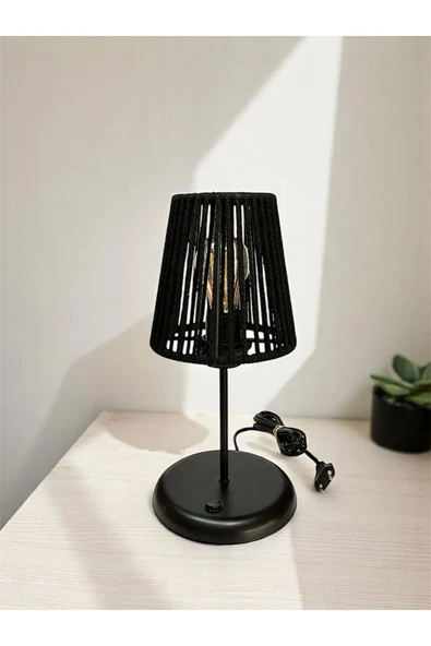 Lyris - Makrome Abajur, Mini Masa Lambası (Siyah Başlık, Siyah Ayak) ürün görseli