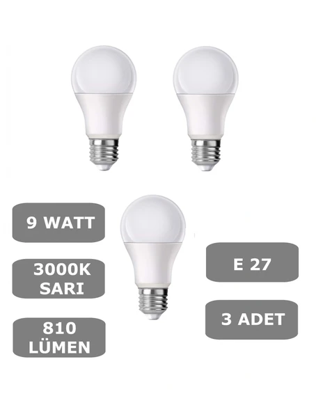 9W E27 Led Ampul 3000K Sıcak Sarı Işık (3 Adet)