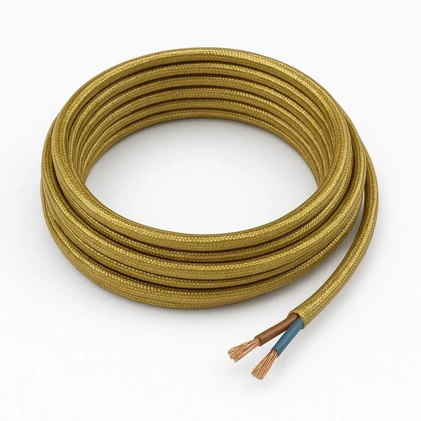 Dekoratif Kumaş Aydınlatma Elektrik Kablosu (2x0,50 TTR) (Simli Gold) 1 Metre - 1