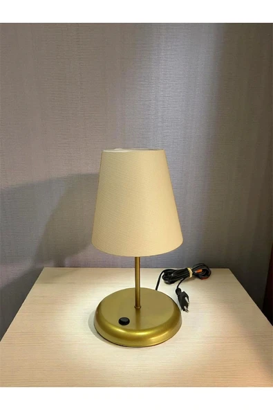 Lyris - Pvc Abajur, Mini Masa Lambası Ekru Başlık, Gold Ayak)