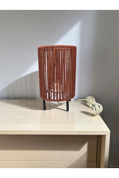 Makrome İpli Metal Masa ve Gece Lambası (Silindir - Kiremit)