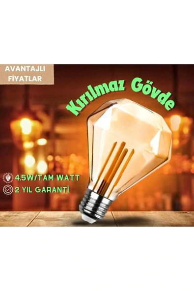 Elmas Tasarım E27 Rustik Ampul Vintage Amber (4,5W - 500 Lümen)-(KIRILMAZ PLASTİK GÖVDE) - 6