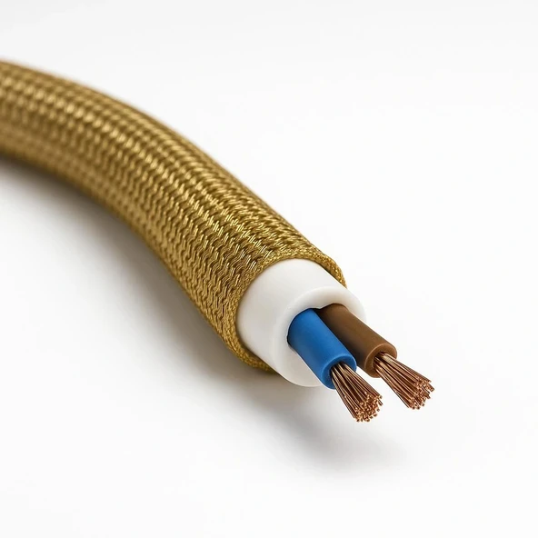Dekoratif Kumaş Aydınlatma Elektrik Kablosu (2x0,50 TTR) (Simli Gold) 1 Metre - 2