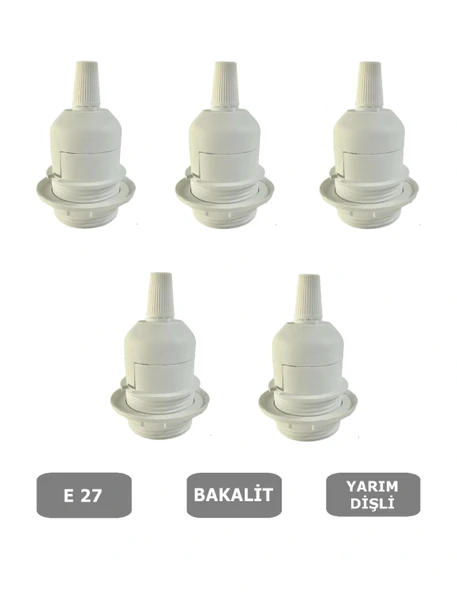 E27 Duy Geçmeli Yarım Diş Avize, Abajur, Lambader Duyu Halkalı - Bakalit Beyaz (250V-4A) 5 Adet ürün görseli