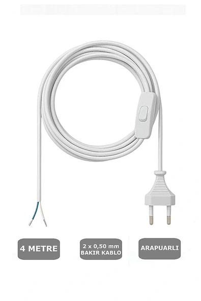 Fişli Arapuarlı Kablo (Yassı)- Anahtarlı (2X0,50) Beyaz - 4 Metre - 1