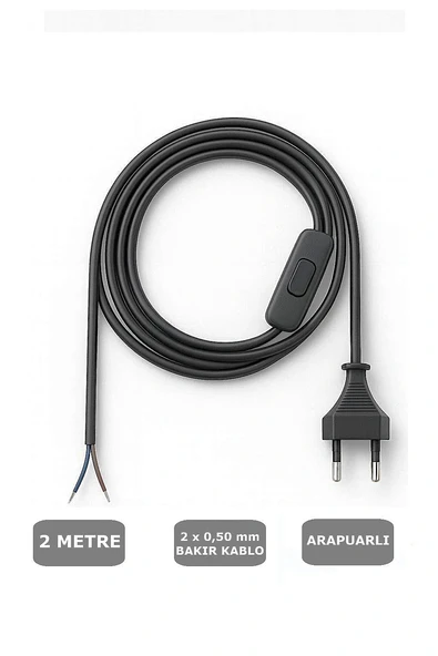 Fişli Arapuarlı Kablo (Yassı)- Anahtarlı (2X0,50) Siyah - 2 Metre