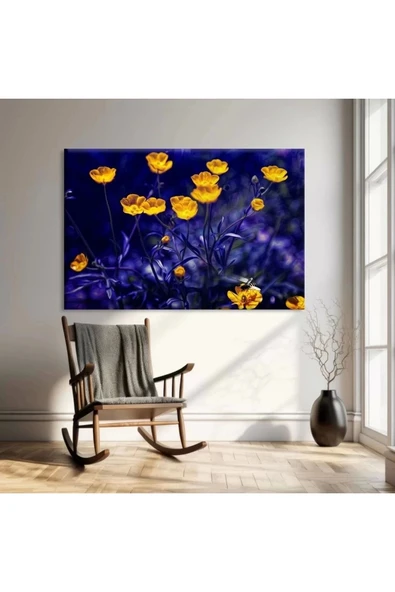 Mavi ve Sarı Çiçekler Kanvas Tablo - Resim 3
