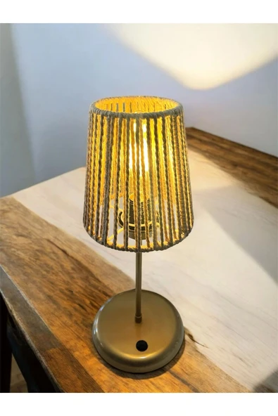 Lyris - Makrome Abajur, Mini Masa Lambası (Koyu Bej Başlık, Gold Ayak) - 2