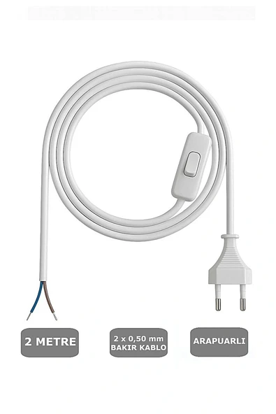 Fişli Arapuarlı Kablo (Yassı)- Anahtarlı (2X0,50) Beyaz - 2 Metre