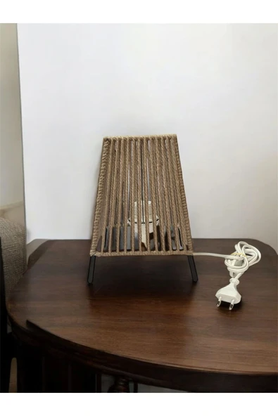 Makrome İpli Metal Masa ve Gece Lambası (Kare Konik- Koyu Bej) - 2