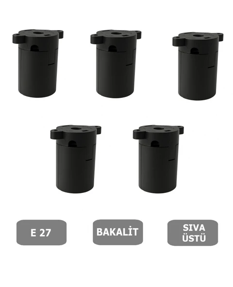 Sıva Üstü Duy E27 Vidasız Geçmeli Donanma Duyu Bakalit Siyah (250V-4A) 5 Adet