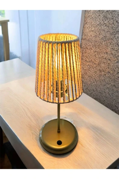 Lyris - Makrome Abajur, Mini Masa Lambası (Pudra Başlık, Gold Ayak) - 2
