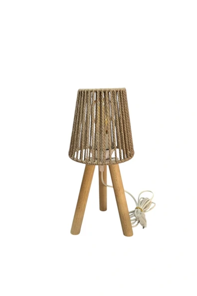 Üç Ayak Mini Ahşap Abajur (Koyu Bej Makrome İp Başlık) - Resim 2
