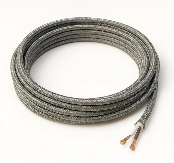 Dekoratif Kumaş Aydınlatma Elektrik Kablosu (2x0,50 TTR) (Simli Gümüş) 1 Metre