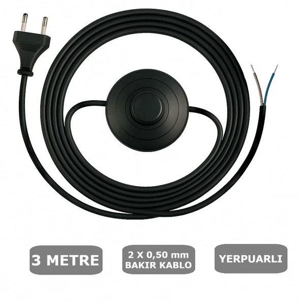 Fişli Yerpuarlı Kablo (Yassı)- Anahtarlı (2X0,50) Siyah - 3 Metre - 1