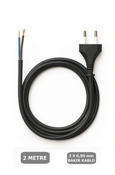 Fişli Kablo 2x0,50 Balık Sırtı Yassı - Siyah (Tam Bakır) 2 Metre