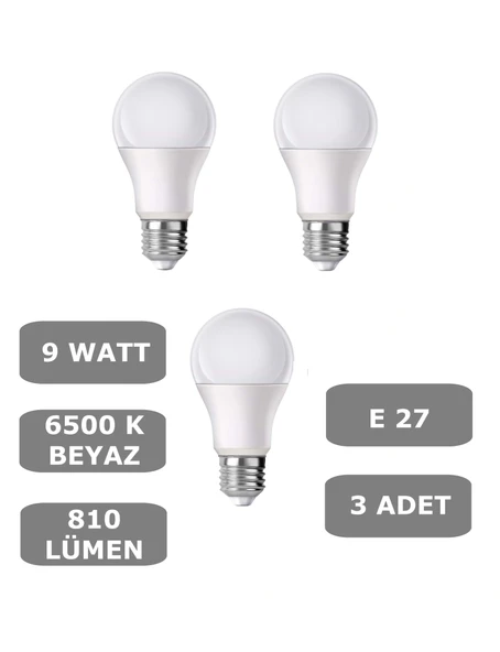 9W E27 Led Ampul 6500K Beyaz Işık (810 Lümen) (3 Adet)