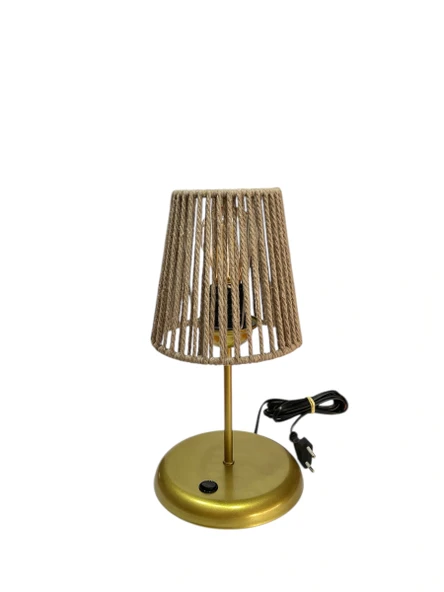 Lyris - Makrome Abajur, Mini Masa Lambası (Koyu Bej Başlık, Gold Ayak) - 3