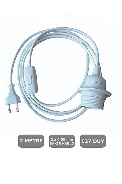 E27 Duylu 2 Metre Arapuarlı (Aç Kapat Anahtar) Fişli Abajur Duyu Seyyar (2X0,50) (Beyaz) ürün görseli