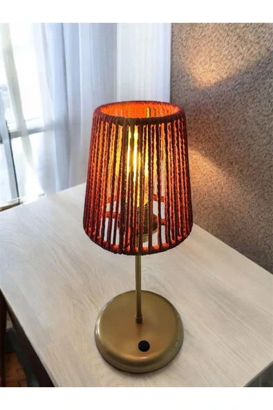 Lyris - Makrome Abajur, Mini Masa Lambası (Bordo Başlık, Gold Ayak) - Resim 2