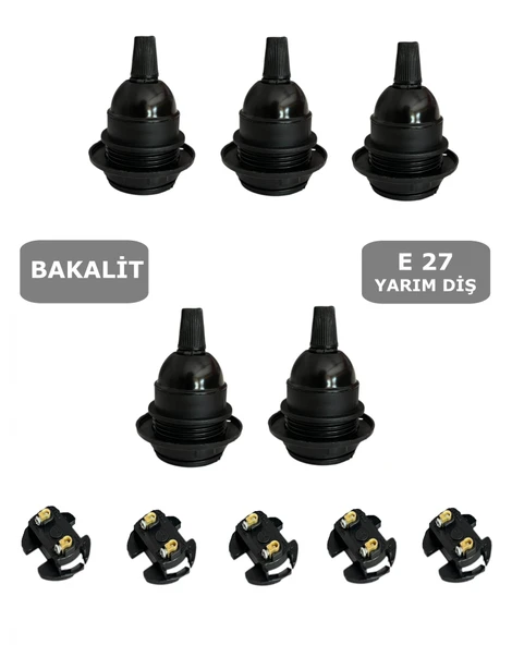 İtalyan E27 Duy Vidalı Yarım Diş Avize, Abajur, Ağaç Feneri Duyu Halkalı (250V-4A)(Bakalit) 5 Adet - 1